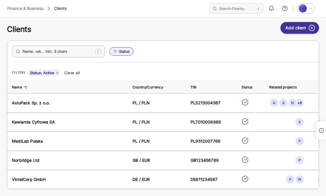 Elenco Clients in Flowtly con il pulsante Add client