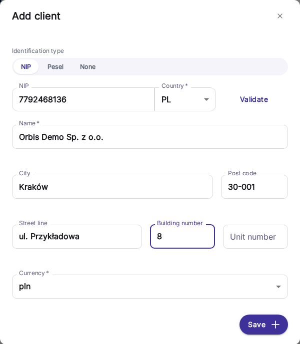 Finestra Add client con i campi identificazione, indirizzo e valuta