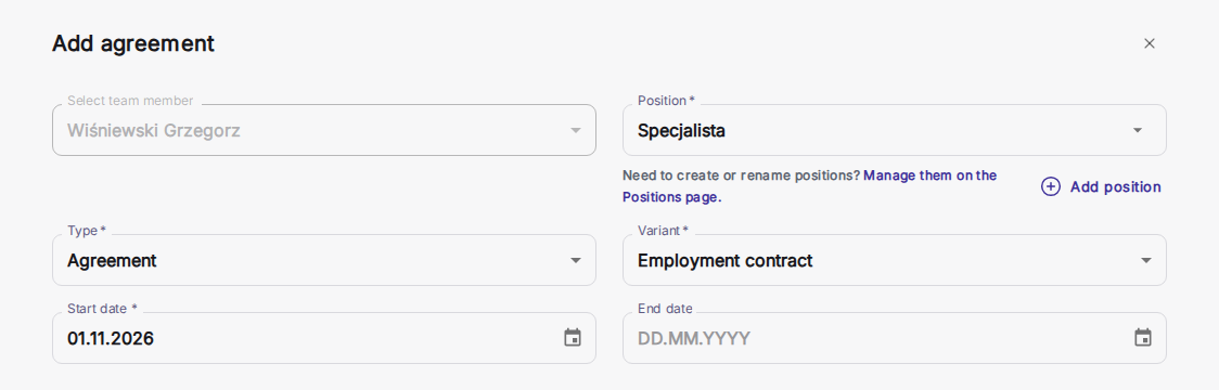 Finestra Add agreement con i campi posizione, tipo e variante