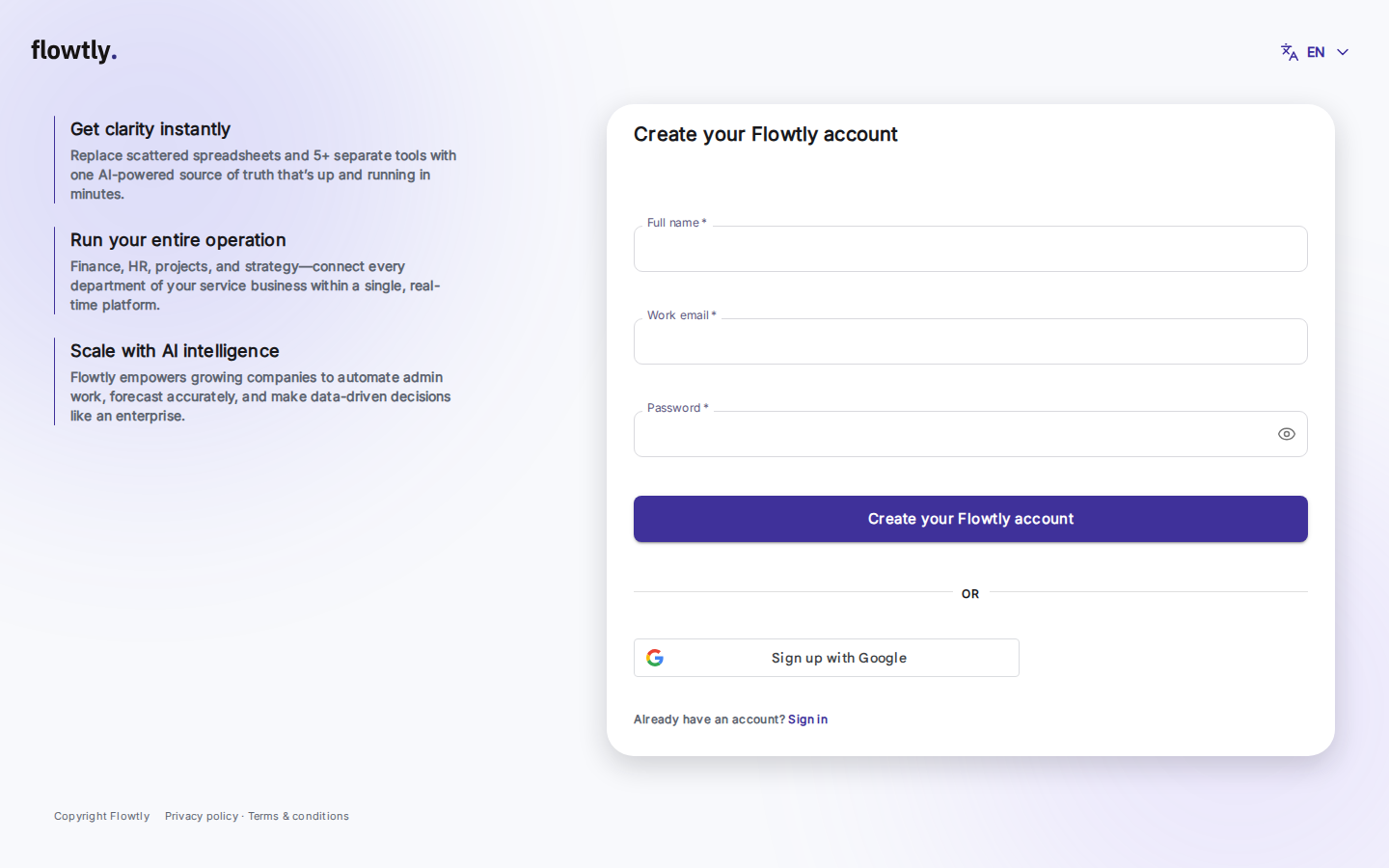 Modulo di registrazione Flowtly aperto in una finestra del browser