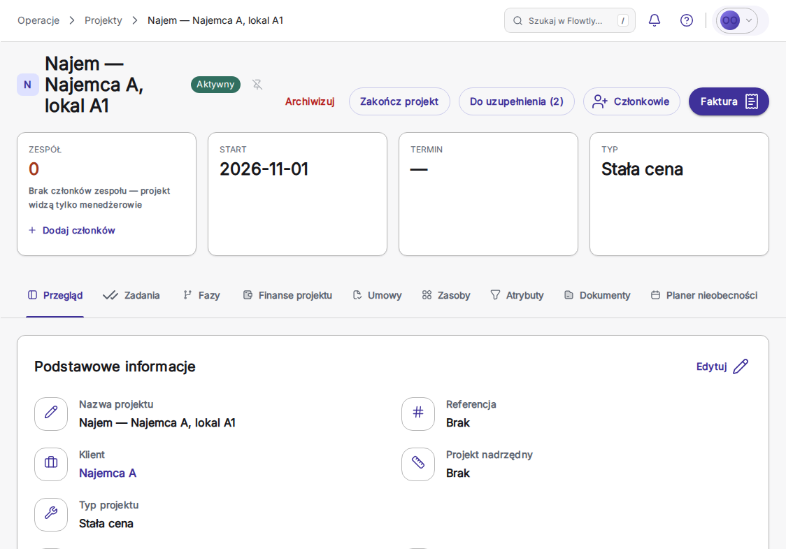 La panoramica del progetto Najem — Najemca A, lokal A1 (locazione del conduttore A, unità A1) nell’interfaccia polacca: attivo, inizio 2026-11-01, prezzo fisso, cliente Najemca A e il pulsante Fattura.